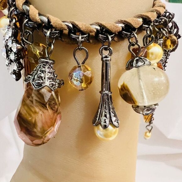 Art Glass Dangle Charm Bracelet Faux Pearl Leather Rhinestone Dangle Earth Tone - Picture 4 of 13